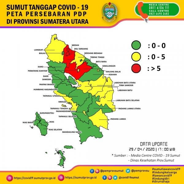 Peta Persebaran PDP di Provinsi Sumatera Utara 29 April 2020 